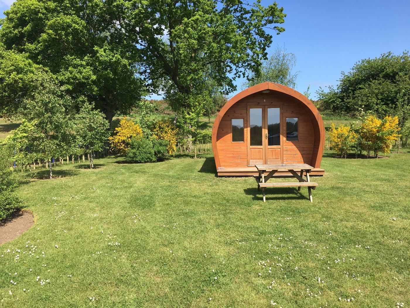 Glamping pod with picnic table